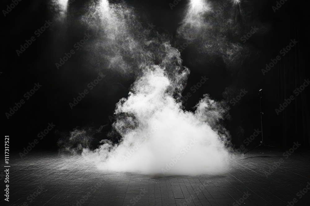 A dramatic scene featuring a cloud of smoke illuminated by stage lights. A dramatic scene featuring a cloud of smoke illuminated by stage lights.