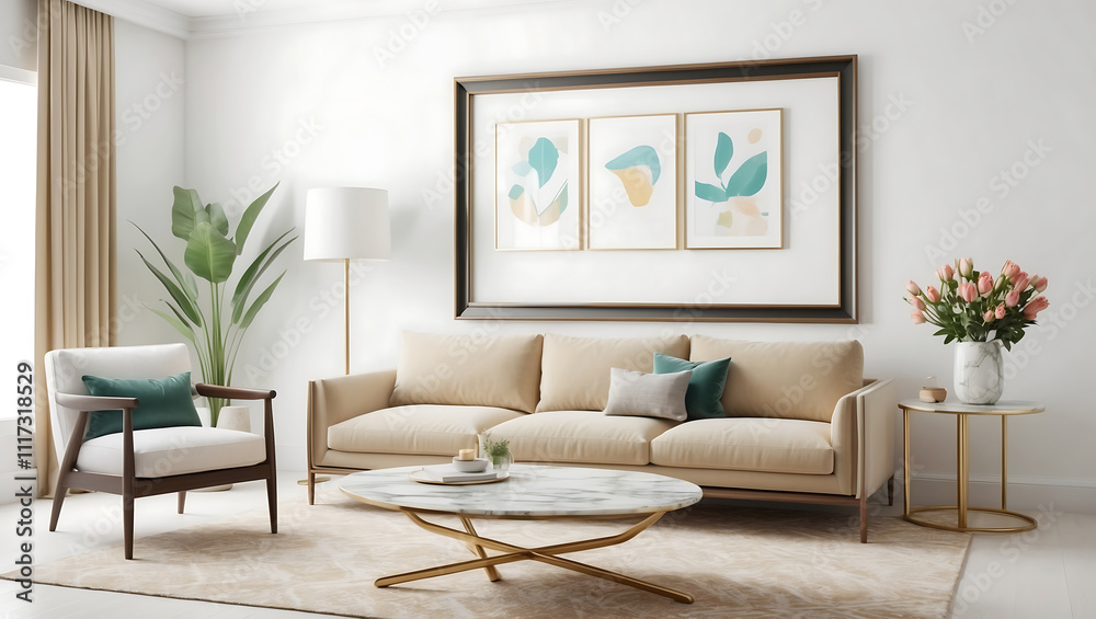 Modern interior design with light empty mock-up wall and beautiful sofa, loft and vintage of living room Modern interior design with light empty mock-up wall and beautiful sofa, loft and vintage of living room