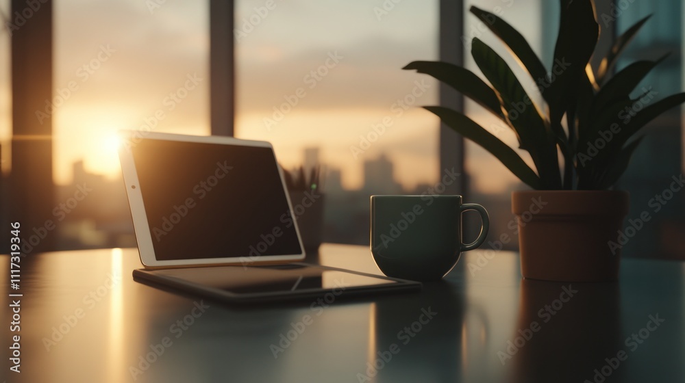 Fototapeta premium Tablet Computer Coffee Plant Sunset Cityscape Office