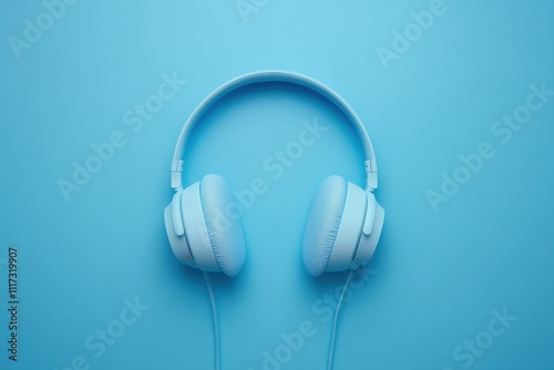 Light blue headphones on blue background. Perfect for music, podcast, or audio related projects. photo