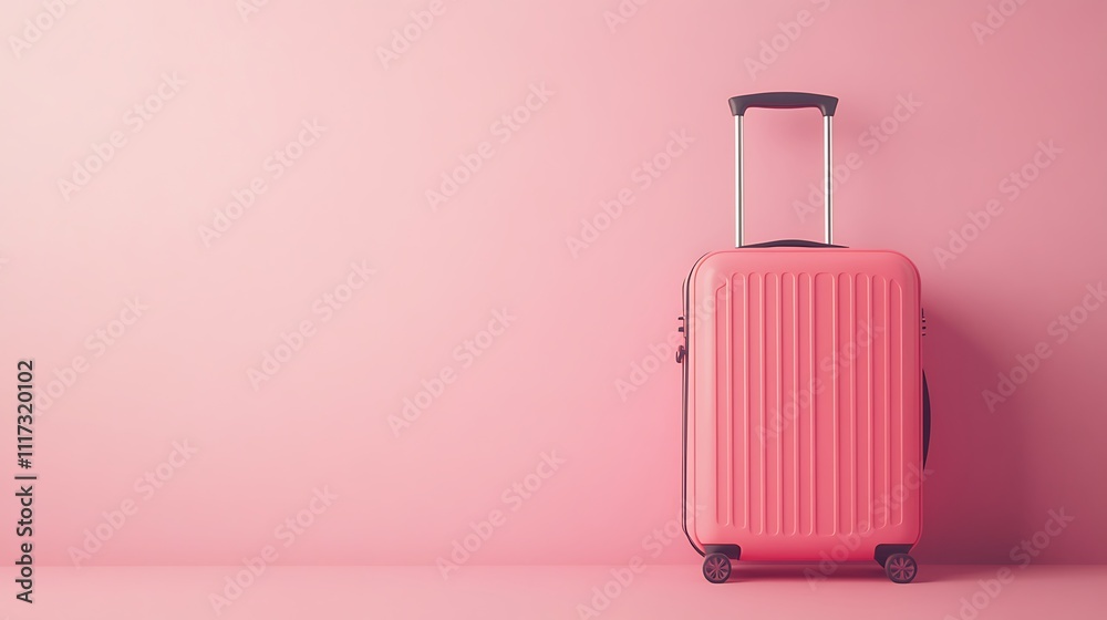 Travel action with pink suitcase against minimalist background