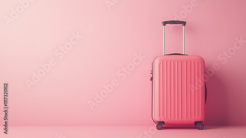 Obraz na płótnie Travel action with pink suitcase against minimalist background w salonie
