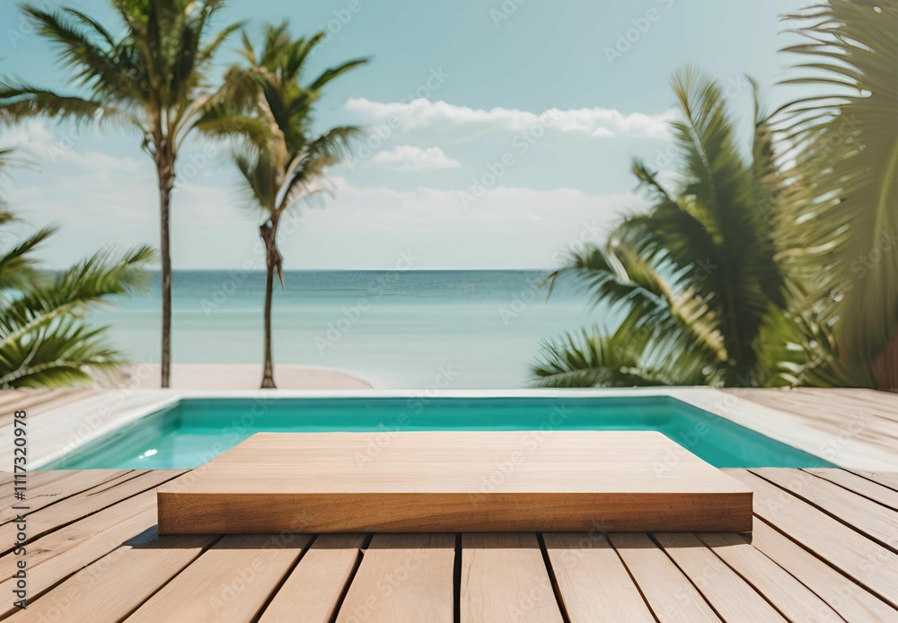 Fototapeta premium Wooden table with sea