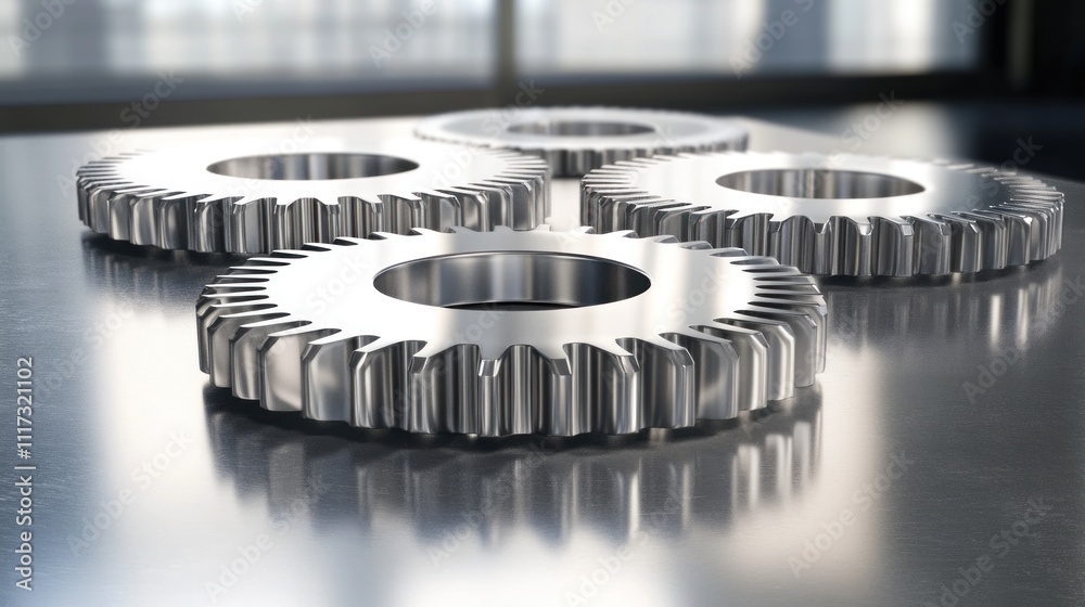 Three Metallic Gears Resting On A Polished Surface Three Metallic Gears Resting On A Polished Surface