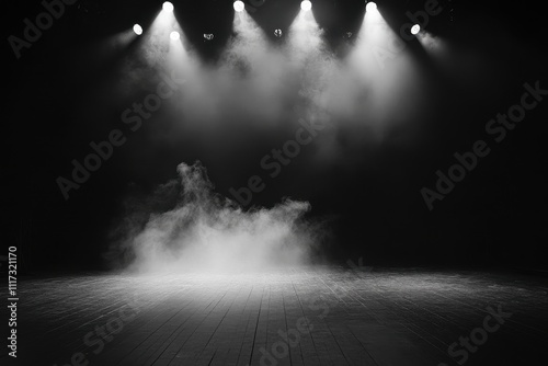 A dimly lit stage with smoke, creating a dramatic atmosphere for performances. photo