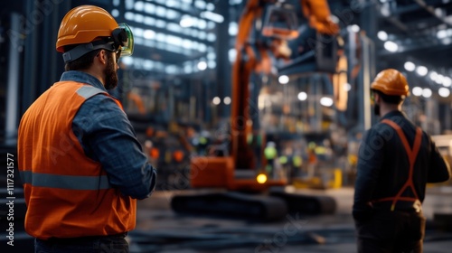 Industrial Workers Overseeing Heavy Machinery Operation in a Modern Factory Environment with Bright Lighting and Safety Gear in Use