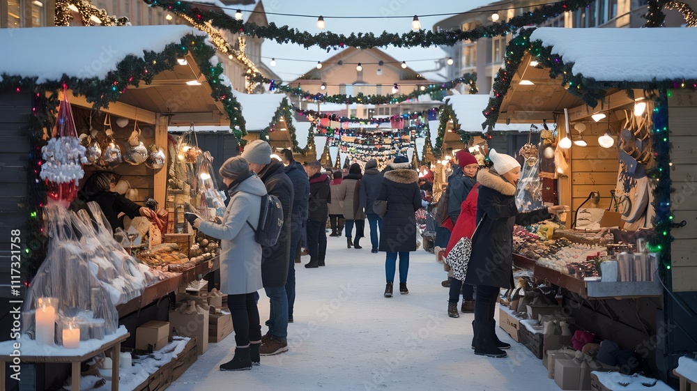 Obraz premium Individuals walk amidst a winter wonderland at a Christmas market, with snow gently falling around festive booths. 