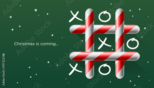 Christmas candy cane decoration tictac toe game on green background. New year minimal creative idea. Holiday concept vector illustration