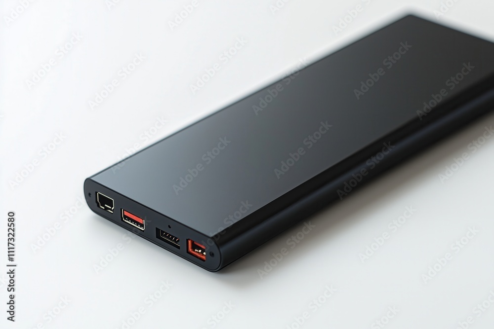 Slim black power bank with multiple ports on white background