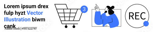 Shopping cart with notification, person on a video call, recording button. Ideal for e-commerce, customer interaction, online shopping, video communication, notifications, digital marketing, and user