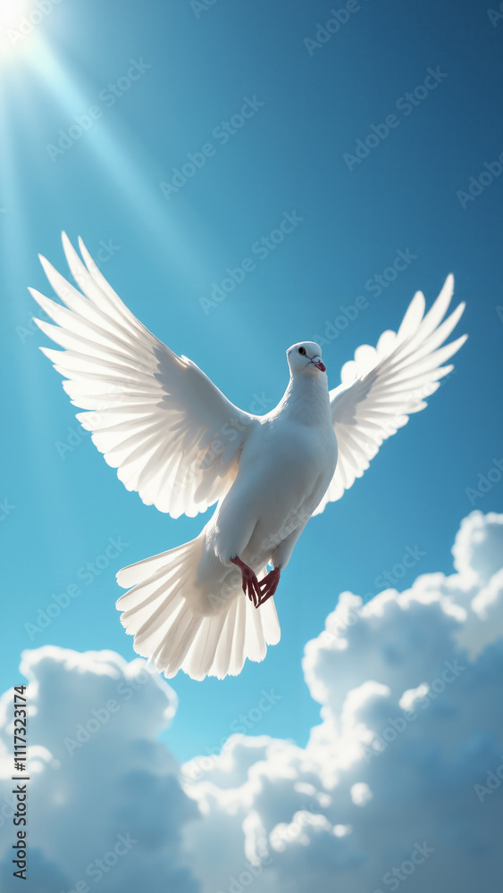 Majestic White Dove Soaring in Blue Sky: Symbol of Peace and Freedom for Inspirational Marketing Majestic White Dove Soaring in Blue Sky: Symbol of Peace and Freedom for Inspirational Marketing