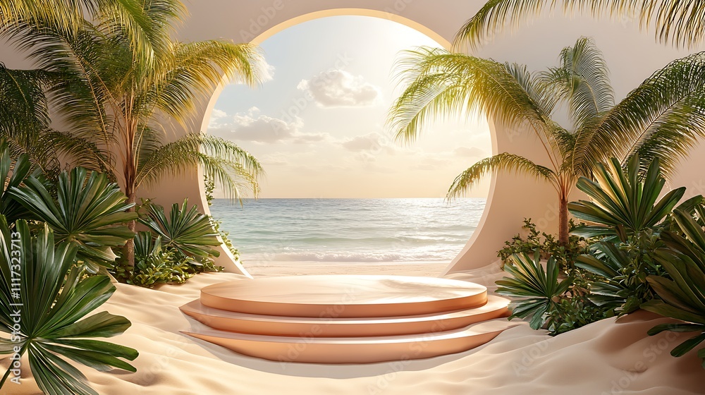 Fototapeta premium Serene beach sunset tropical paradise digital artwork coastal view