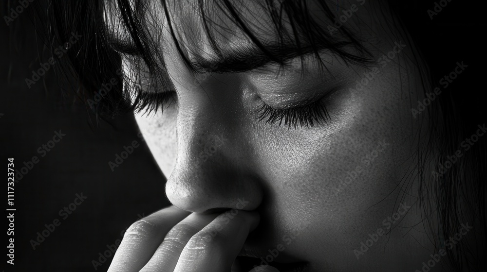 Close-up monochrome image of a woman's face, eyes closed, fingers near her mouth. Depicts sadness, anxiety, or contemplation; ideal for illustrating emotional distress. Close-up monochrome image of a woman's face, eyes closed, fingers near her mouth. Depicts sadness, anxiety, or contemplation; ideal for illustrating emotional distress.