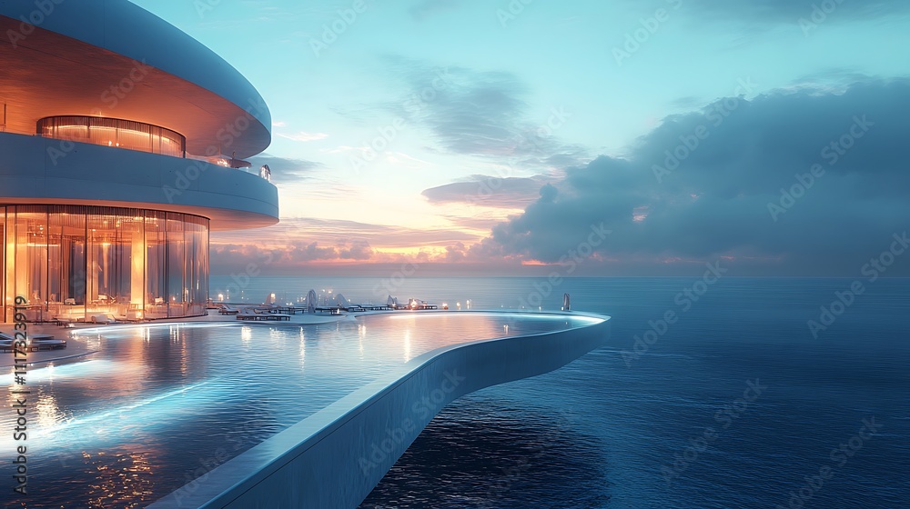 Naklejka premium Sunset reflection at modern oceanfront architecture serene view