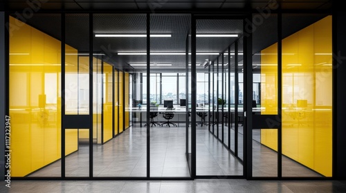 Modern open-plan office space with bright yellow accents and glass partitions. photo
