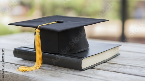 Graduation cap and book on wooden table.