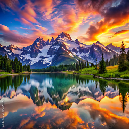 Sunset Serenity: Snow-Capped Peaks and Reflections in a Tranquil Lake