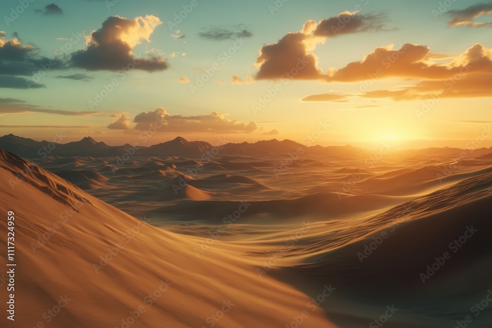 A serene desert landscape at sunset, showcasing rolling sand dunes and distant mountains. A serene desert landscape at sunset, showcasing rolling sand dunes and distant mountains.