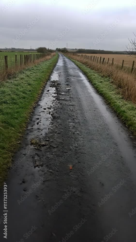 Pathway through a rural landscape on a cloudy day with puddles and wet grass along the edges Pathway through a rural landscape on a cloudy day with puddles and wet grass along the edges