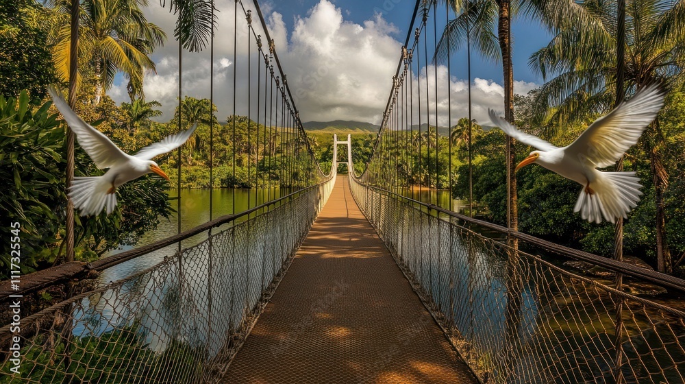 Obraz premium A serene bridge over water with birds flying in a lush tropical landscape.