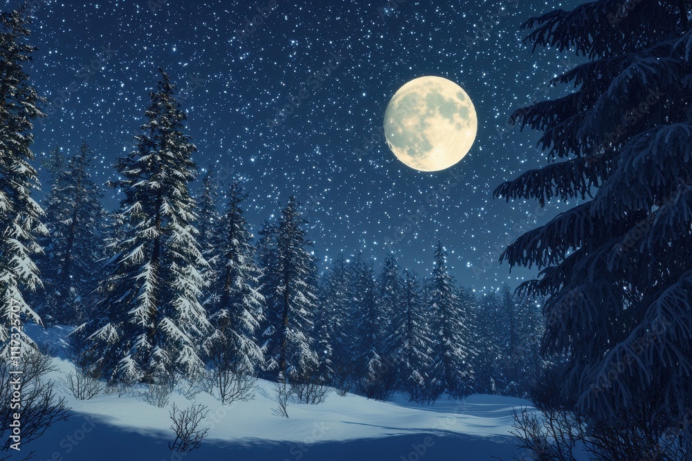 A serene winter landscape under a bright moon, with snow-covered trees and falling snowflakes. A serene winter landscape under a bright moon, with snow-covered trees and falling snowflakes.