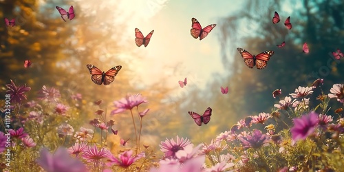 Beautiful spring filed with colorful flowers and flying petals. Generative ai.