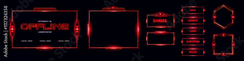 Red hud ui game frame. Cyber and futuristic screen with hologram. Scifi danger alert. Spaceship panel display message for gamer in offline window. Neon techno sign board for esport dashboard