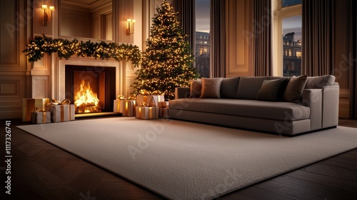 Cozy Holiday Living Room with Christmas Tree and Fireplace Glow