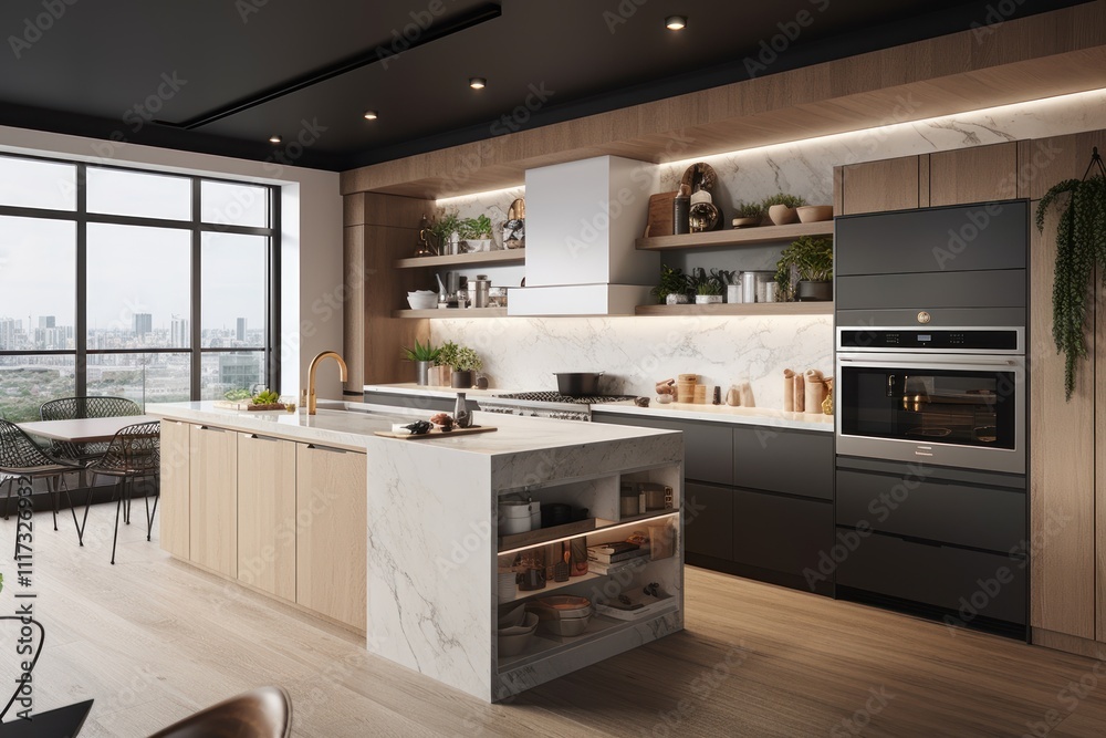 Modern Kitchen Design With Island And City View Modern Kitchen Design With Island And City View