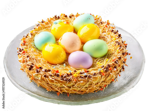 Easter morning bird s nest pastries with candy eggs served on a transparent glass plate photo