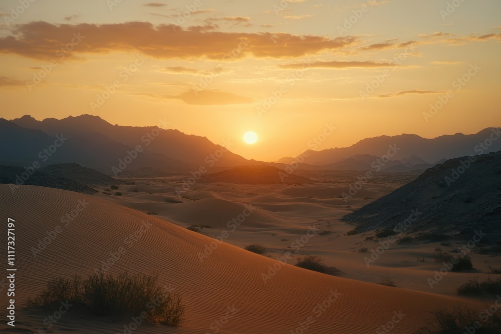A serene desert landscape at sunset, showcasing dunes and distant mountains. A serene desert landscape at sunset, showcasing dunes and distant mountains.