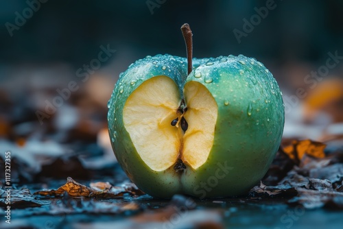 Fresh green apple with water droplets on autumn leaves photo