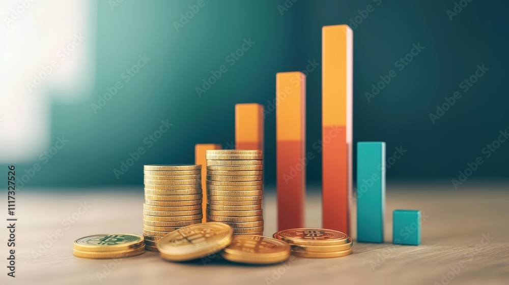 Tax submit and finance payment concept. A transition from stacked coins to the two tone bar graphs and blue bar graphs, symbolizing financial growth and data representation. Tax submit and finance payment concept. A transition from stacked coins to the two tone bar graphs and blue bar graphs, symbolizing financial growth and data representation.