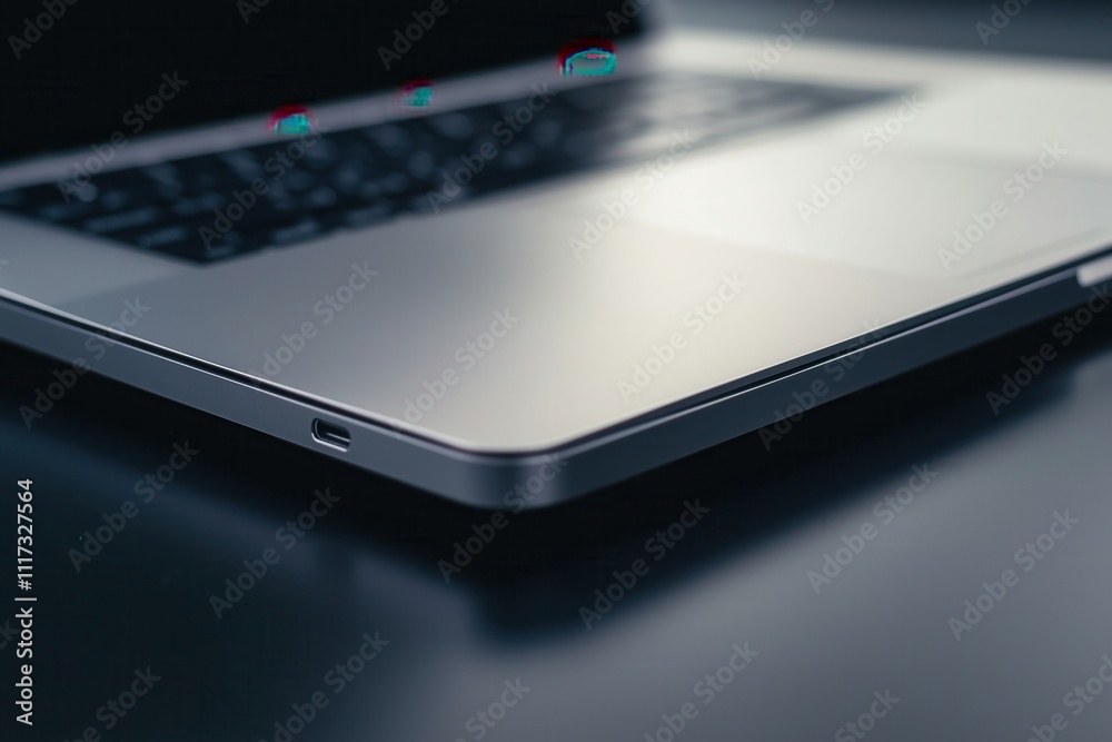 Modern laptop corner on a dark reflective surface Modern laptop corner on a dark reflective surface