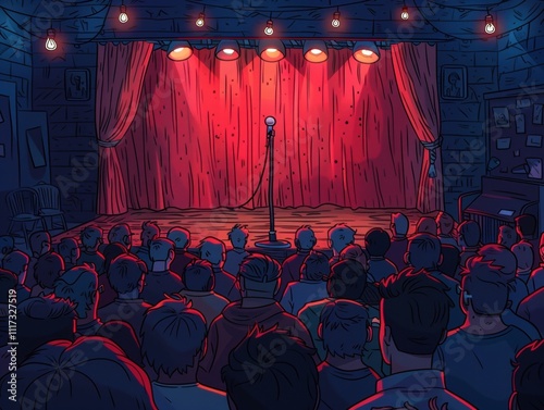 Empty stage with a microphone under warm red lights, awaiting performance.