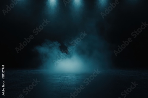 A dimly lit stage with fog, creating an atmospheric and mysterious ambiance.