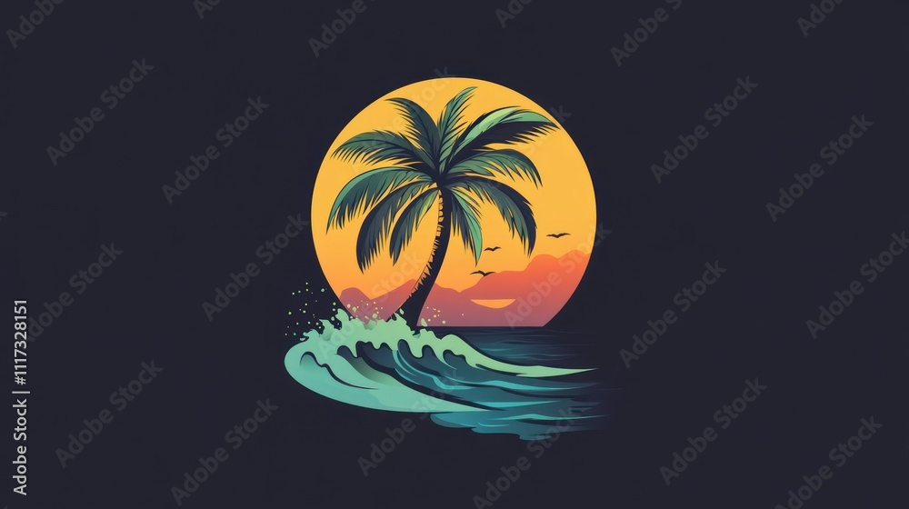 Naklejka premium A stylized palm tree silhouette against a vibrant sunset and ocean waves.