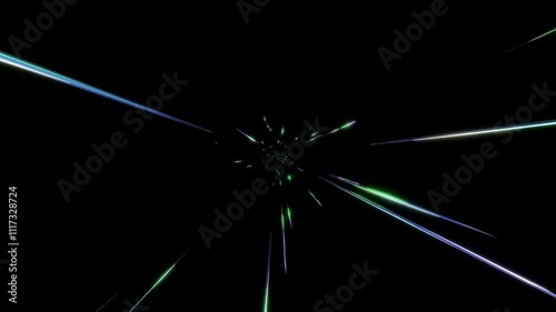 放射状に広がる青く輝く細い光跡、宇宙のバースト、高速ワープ旅行エフェクト、SFモーションの背景