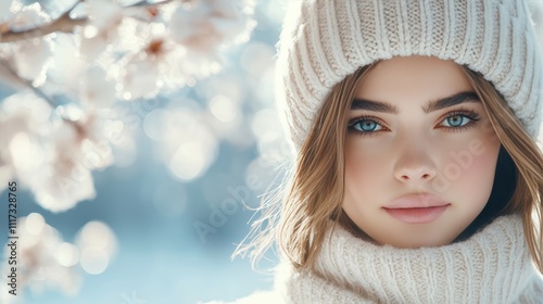 Captivating Young Woman in Cozy Knit Hat Amidst Winter Wonderland