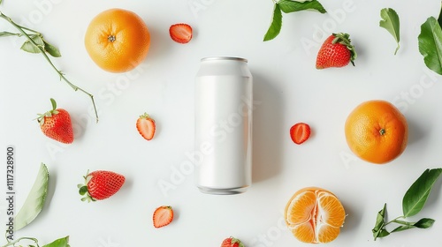 can mockup, beverage mock up with fruits background, soda can mockup, Plain white colour 355ml can, floating beverage can mockup with colorful background with ice cubes photo