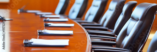 Highend corporate boardroom with a long mahogany table plush leather chairs and a large screen ready for presentations