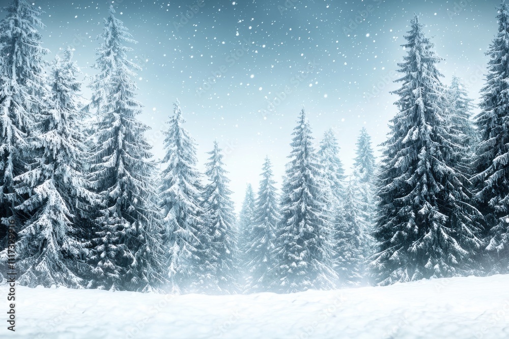 Obraz premium A serene winter landscape with snow-covered trees and falling snowflakes.