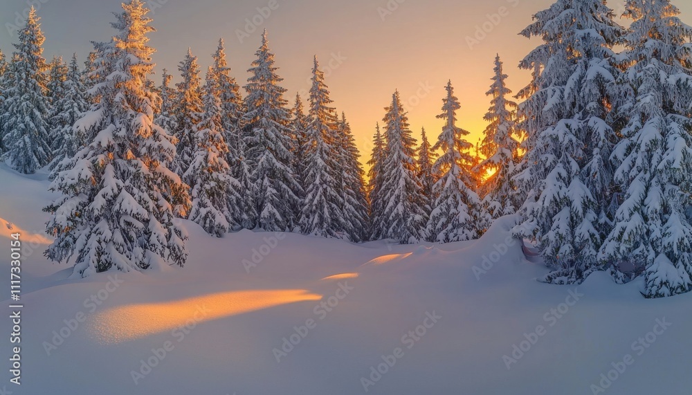 A serene winter landscape with snow-covered trees and a glowing sunset. A serene winter landscape with snow-covered trees and a glowing sunset.