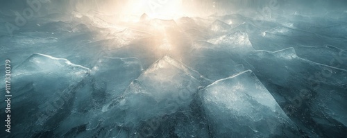 A serene icy landscape illuminated by soft light, showcasing frozen textures and shapes.