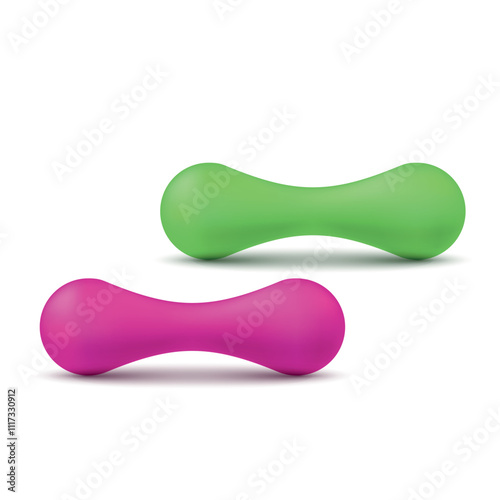 Colorful fitness dumbbells in green and pink isolated on white background are ideal for home workouts and gym classes.