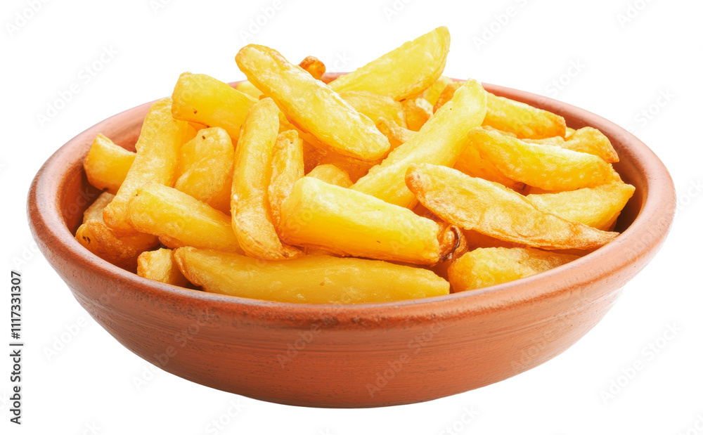 Crispy and golden fries served in rustic bowl, cut out - stock png. Crispy and golden fries served in rustic bowl, cut out - stock png.
