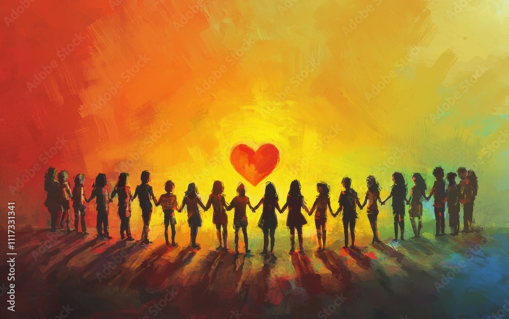 Group of people holding hands together under a vibrant sunset with a heart symbol in the background Group of people holding hands together under a vibrant sunset with a heart symbol in the background