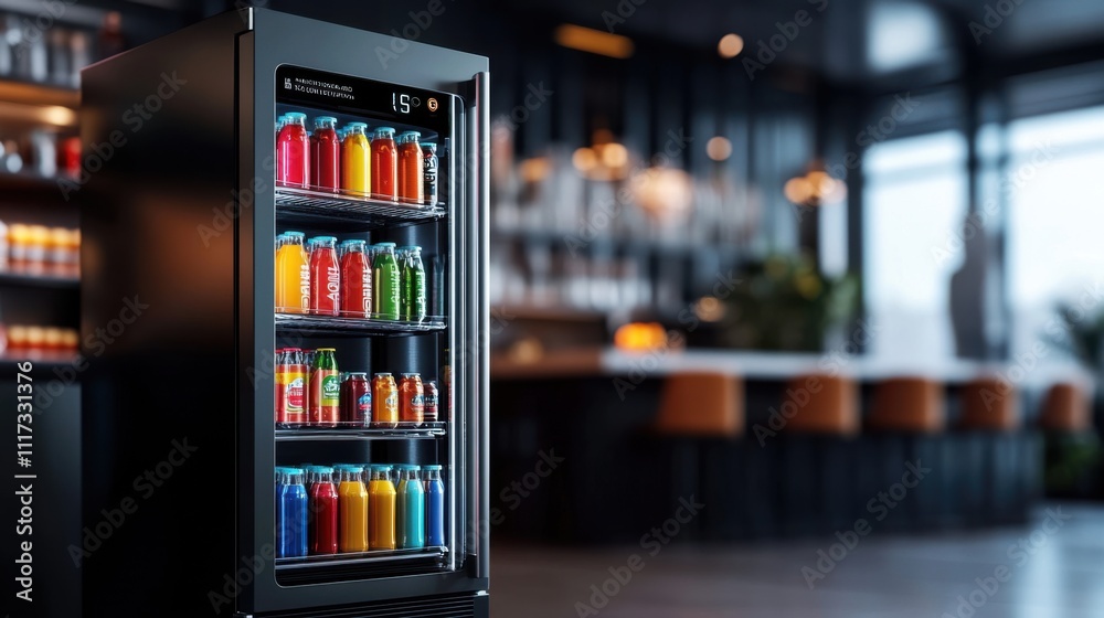Vibrant Beverage Vending Machine Displaying Colorful Drinks in Modern Cafe Interior Setting Vibrant Beverage Vending Machine Displaying Colorful Drinks in Modern Cafe Interior Setting