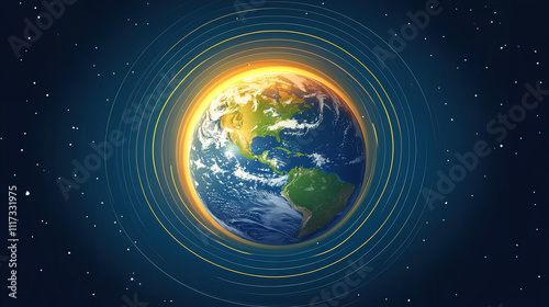 Earth axis diagram illustration showing the tilt of the Earth's rotational axis relative to its orbital plane, explaining the cause of seasonal changes and the distribution of sunlight.