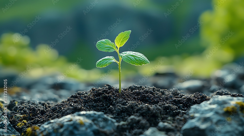 A small green plant sprouts from dark soil, surrounded by lush greenery, symbolizing growth and renewal in a natural setting. A small green plant sprouts from dark soil, surrounded by lush greenery, symbolizing growth and renewal in a natural setting.